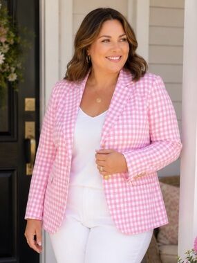 Talbots Pink White Gingham Blazer 16W Preppy Stretch Cotton Jacket Plus Size